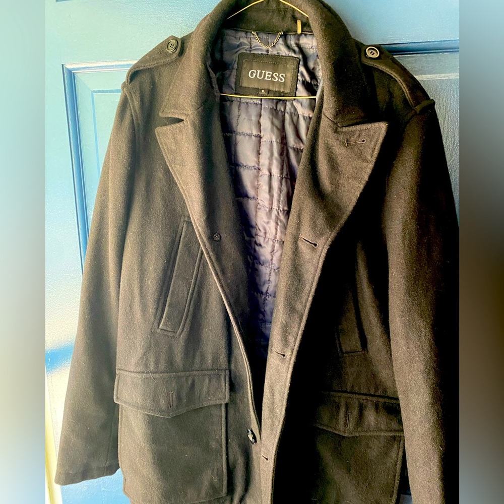 Men's Guess Wool Blend Black Felted Peacoat Jacket Coat Pockets Sz XL